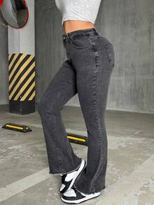 Women's Dark Gray Stretch Flared Jeans, Everyday Comfort Casual Style - 深灰色 - 查看 1