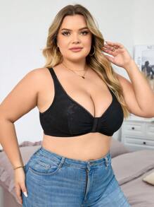 1 pieza Sujetador sin aros de talla grande con cierre delantero y tejido jacquard suave - Negro - Ver 4