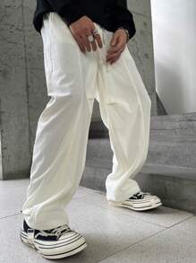 Manfinity Hypemode Solid Color Drawstring Pocket Casual Wide Leg Pants