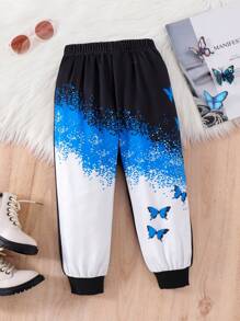 SHEIN Quần dài bo gấu in họa tiết bướm cho bé gái, quần dài trang trọng chấm bi ombre màu tím, quần dài thời trang cho bé gái - màu đen - Xem 1