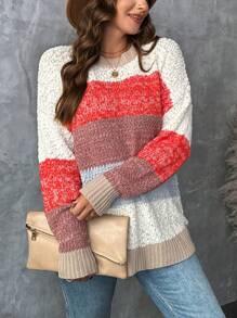 EMERY ROSE Plus Size Casual Home Warm Loose Drop Shoulder Sleeve Colorful Color Block Spliced Fuzzy Autumn Winter Knit Pullover Sweaterfall Women Clothes,Western Woman Attire,Winter Clothes
