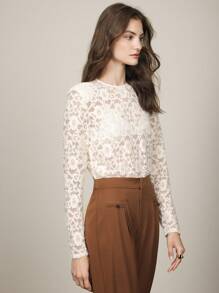BizChic Blusa elegante para mujer de manga larga, transparente con encaje, adecuada para fiestas de Navidad