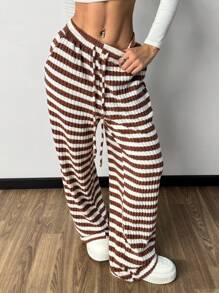 SHEIN Essnce Pantalones informales con bolsillos y nudo delantero a rayas - Rojo y blanco - Ver 5