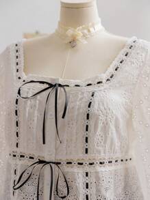 Soleia WYWH Plus Size Nữ Kỳ Nghỉ Dệt Tay Dài Cổ Vuông Phối Áo Ren Miếng Dán Cường Lực Và Dây Thắt Nơ Phía Trước - Đen và trắng - Xem 10