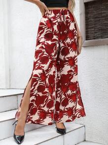 Breezaya Pantalones casuales con estampado completo y lazo delantero para mujer