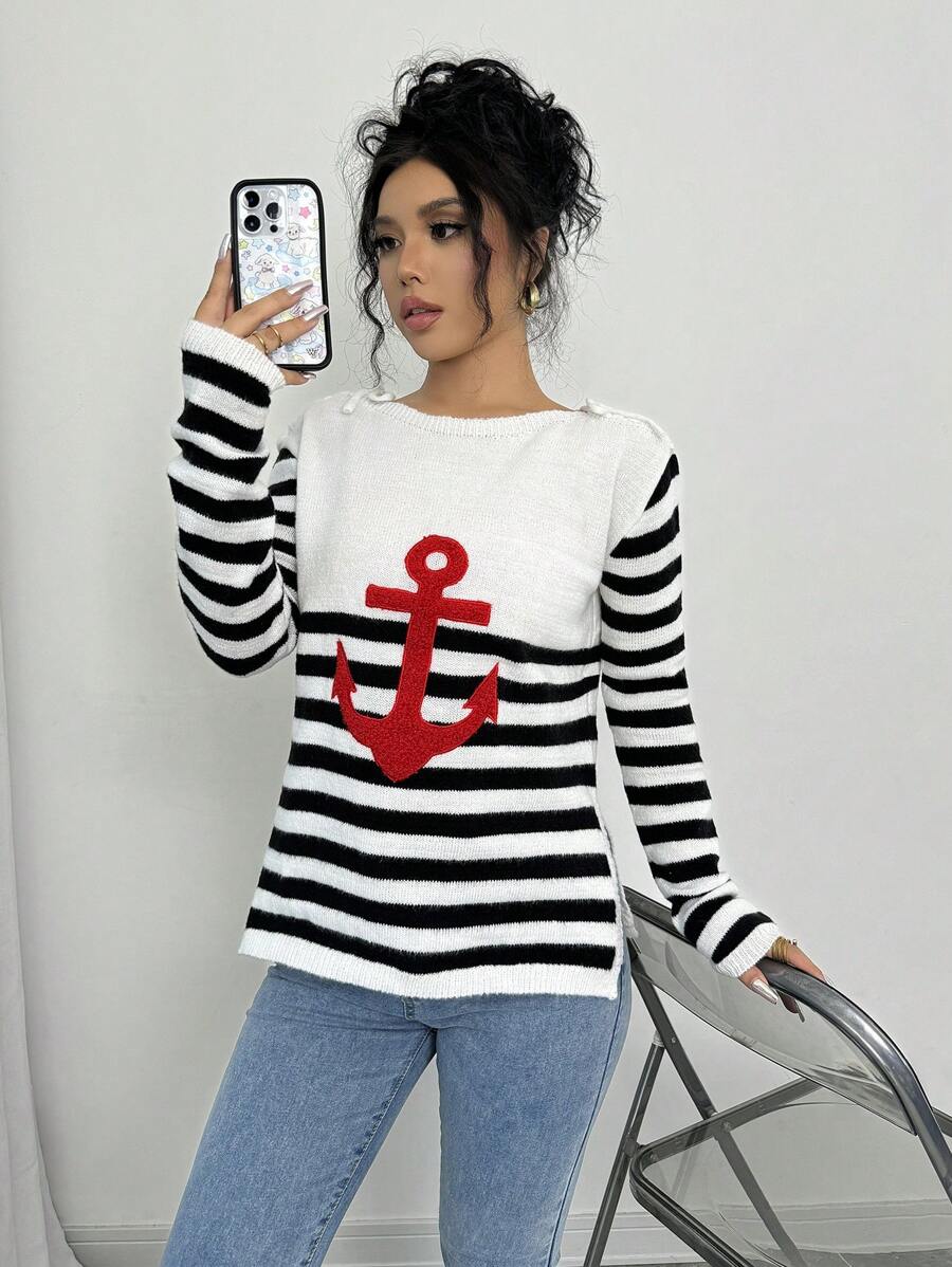 Chiquease Women's Autumn/Winter Striped Anchor Pattern Casual Pullover Sweater, Knit Pullover Fall - Multicolor - View 1