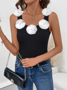 Calvaya Top de tirantes elegante y estilizado de verano para mujer con decoración floral 3D
