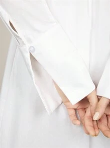 BizChic 女士优雅白衬衫连衣裙，适合通勤，秋冬装，白色前扣长袖连衣裙，圣诞装 - 白色 - 查看 10