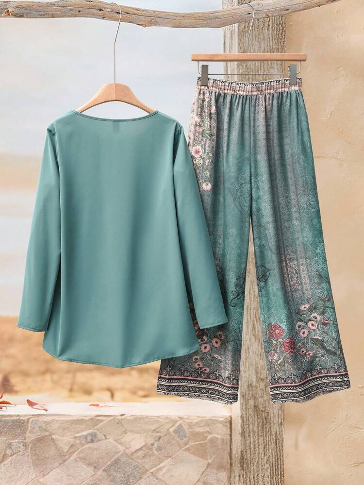 Women's Long Sleeve Round Neck Shirt And Pattern Printed Pants Winter Sets Two Pieces Set Women