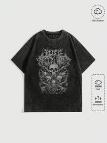 ROMWE MEN Goth Áo thun nam in hình đầu lâu có khẩu hiệu, trường học - màu đen - Xem 1