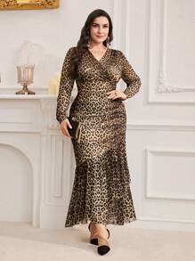 Modelyn Plus Size V-Neck Long Sleeve Leopard Print Casual Dress Long Evening Dresses
