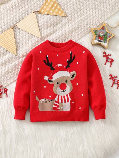 SHEIN Suéter de cuello redondo con estampado feo de Navidad, reno y gorro de Santa Claus, estilo casual y lindo para bebé niño/niña, adecuado para otoño/invierno, uso en casa, al aire libre y fiestas de Navidad