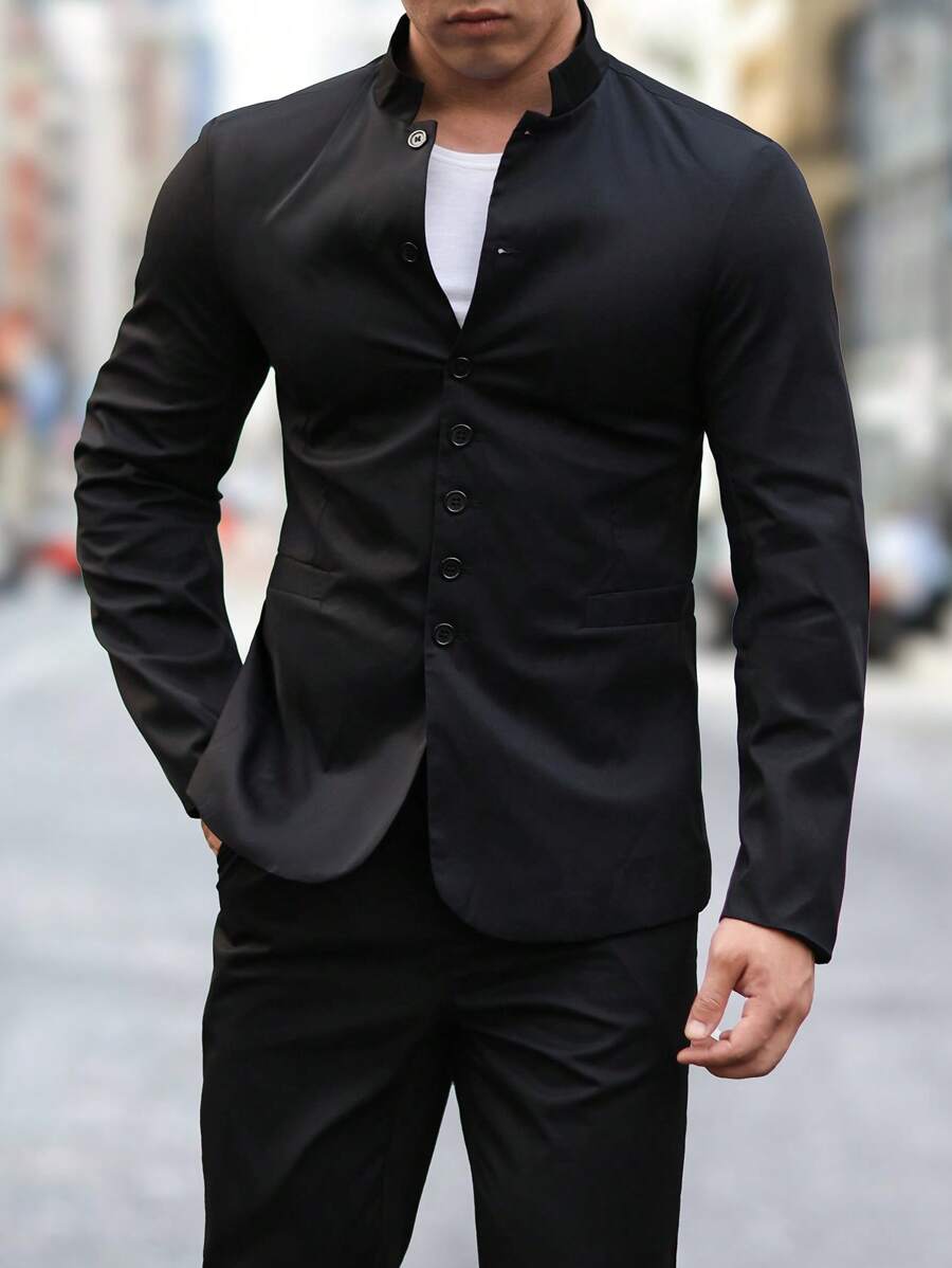 Manfinity Mode 2pcs Men's Casual Single-Breasted Solid Color Long Sleeve Blazer And Trousers Suit, Spring/Autumn - Black - View 1