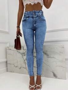 Damen High-Waist-Skinny Jeans, stretchige Jeanshose mit Schleifendekor, geknöpfte Jeanshose