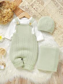 Sage Green Autumn Cute Family Matching Infant Jumpsuit,Soft Comfy One-Piece Design,Includes Hat,Baby Blanket,Stroller Blanket 3-Piece Set For Babies - Green - View 1