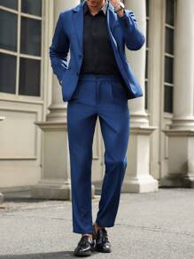 Manfinity Mode Conjunto de traje de 2 piezas para hombre - Chaqueta de manga larga con solapa y pantalones casuales de pierna recta - Azul Marino - Ver 4