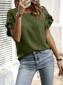 SHEIN Clasi Solid Color Round Neck Ruffle Trim Short Sleeve Blouse, Summer - Army Green - View 3