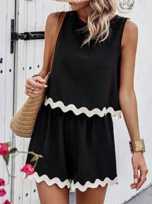 SHEIN LUNE Conjunto Colorido Con Tejido De Borde De Conchas Y Detalle De Cinturón - Negro - Ver 5