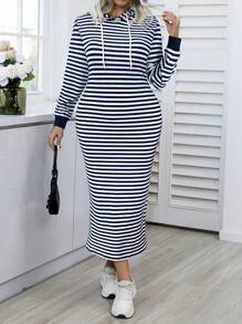 Calvaya Plus Size Women Striped Long Sleeve Hooded Drawstring Casual Sweatshirt Dress For Spring & Autumn Pullover Fall Outfit Winter - Blue - View 6