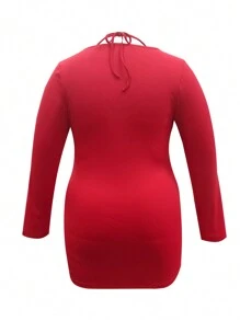 INAWLY Plus Size Solid Color Hollow Out Ruffle Sexy Long Sleeve Dress