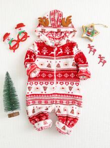 SHEIN Pasgeboren babyjongen/meisje kerstrendier & boompatroon dikke pluche jumpsuit, schattige stijlvolle warme outfit voor casual, vakantie, kerstfeestkleding