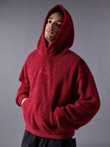 Manfinity VCAY 2 Pieces Men's Casual Knit Y2K Loose Fit Pullover Hoodie Sweatshirt And Elastic Waist Straight Leg Sweatpants Set, For Fall Winter - Burgundy - View 2