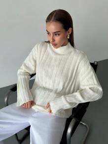 Aloruh Women's Solid Color Turtleneck Oversized Chunky Knit Sweater, Autumn/Winter - Apricot - View 9