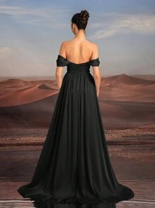 Glamrae Vestido de noche elegante y grácil con hombros descubiertos, escote princesa, silueta ajustada de sirena, con volante delantero, ribete con cuentas, espalda descubierta con abertura alta y tren desmontable, para ocasiones formales, bodas, fiestas. Vestido de noche negro para invitados de boda, graduación, cena.