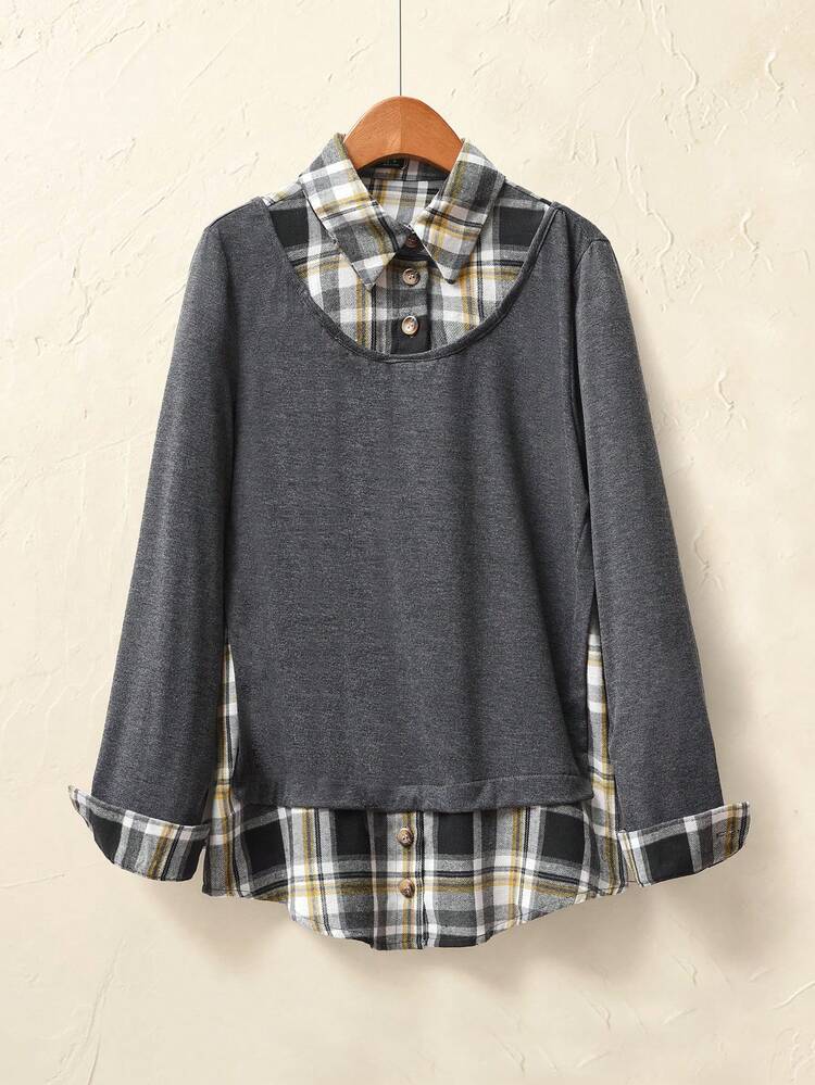 Women's Solid Color Splice Front Button Long Sleeve Casual Shirt