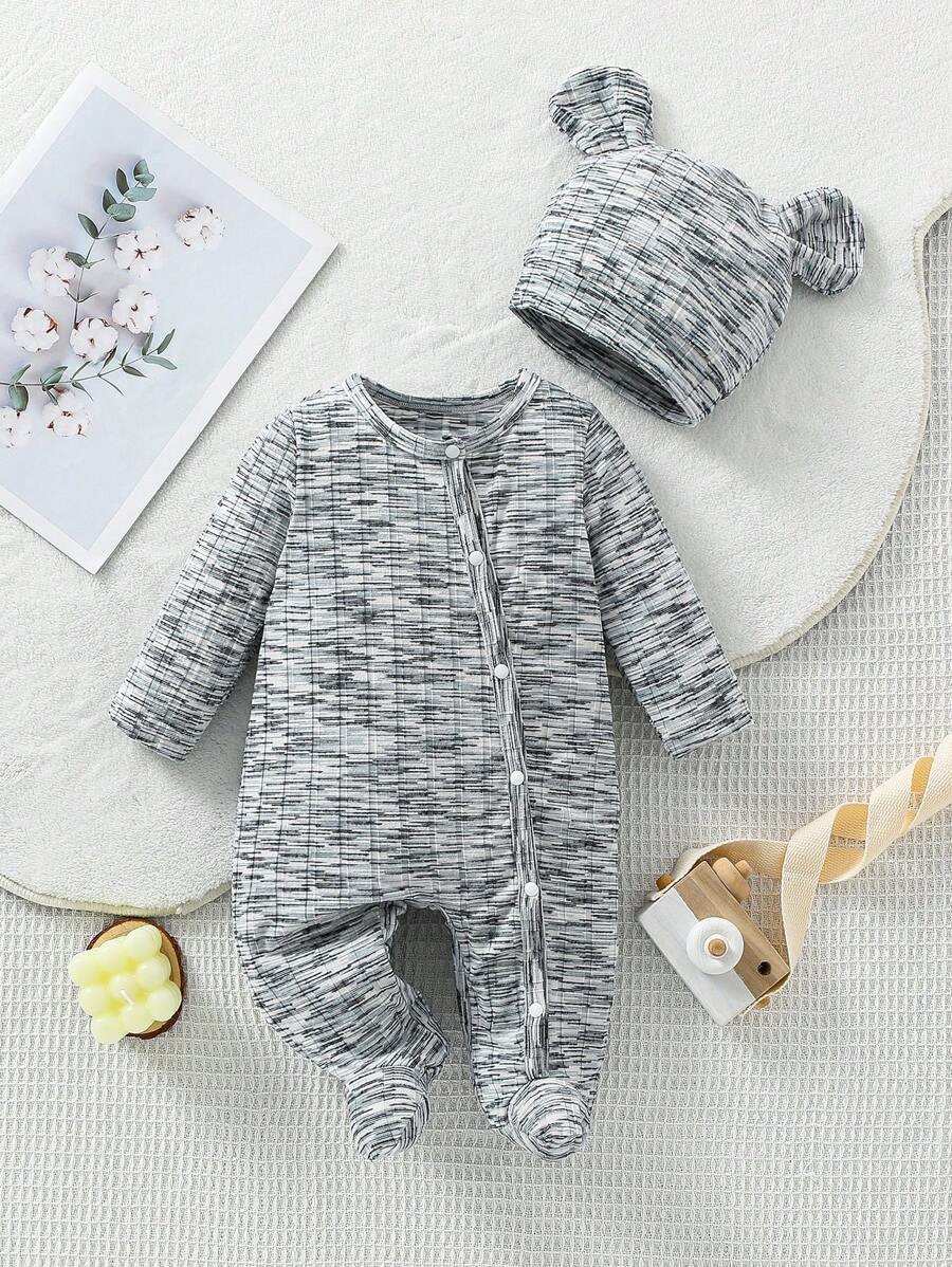 SHEIN 2 件装婴儿男孩纯色花卉欧根纱耳朵连帽衫和连脚连体衣套装 - 灰色 - 查看 1