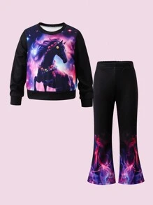 2pcs Young Girl Autumn/Winter Horse Print Round Neck Long Sleeve Sweatshirt And Flare Pants Casual Outfit - Black - View 1