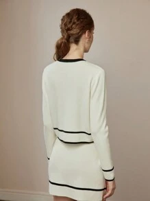 Women's Colorblock Trim Front Button Long Sleeve Blouse & Knit A-Line Skirt Set - Beige - View 8