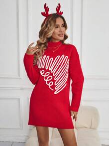 SHEIN LUNE Women's Heart Print Stand Collar Long Sleeve Short Sweater Dress - Red - View 3