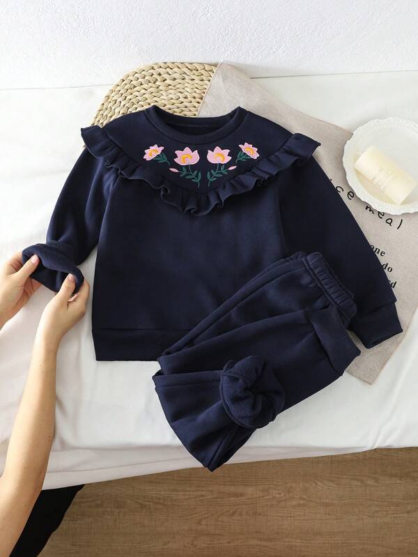 SHEIN 2 piezas Conjunto de sudadera informal con volantes y bordados + pantalones para niña y niña joven, apto para el otoño/invierno, adecuado para combinar con varios abrigos, chaquetas para salidas diarias