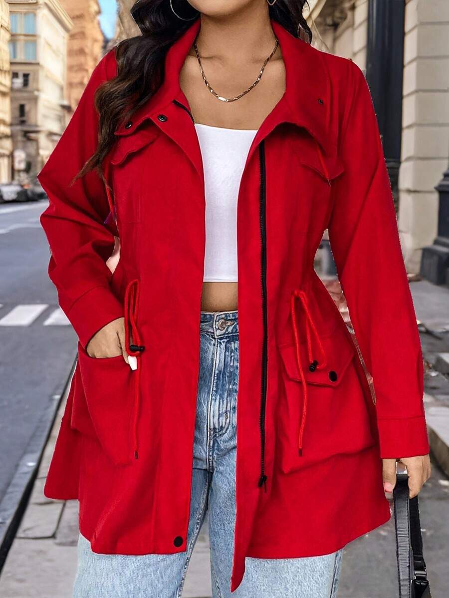 SHEIN MOOSTA Plus Size Hooded Cinched Waist Long Sleeve Pockets Jacket For New Year Clothes Fall Winter Cloth For Women Autumn - Red - View 1