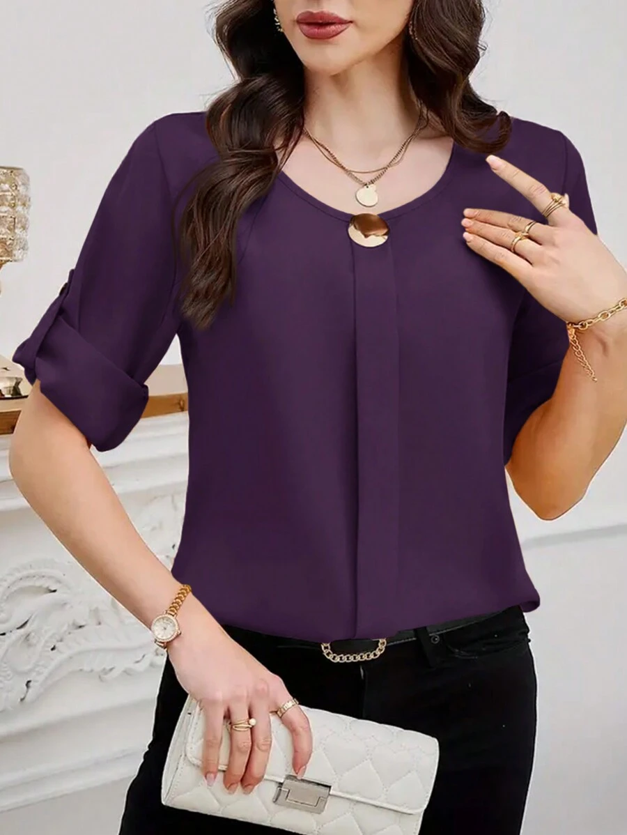 SHEIN Clasi Áo cánh tay cuộn cổ tròn màu trơn thanh lịch cho nữ - Màu tím - Xem 1