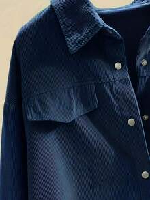 女士休闲条纹落肩长袖单排扣宽松衬衫，春秋，长袖上衣