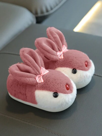 1pair Girls Rabbit Plush Flat Cute Children Indoor Slippers, Suitable For Winter