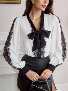 Vintamour 复古优雅女士蕾丝拼接撞色长袖镂空衬衫，适合感恩节、秋季、圣诞节等场合穿着。 - 黑與白 - 查看 4