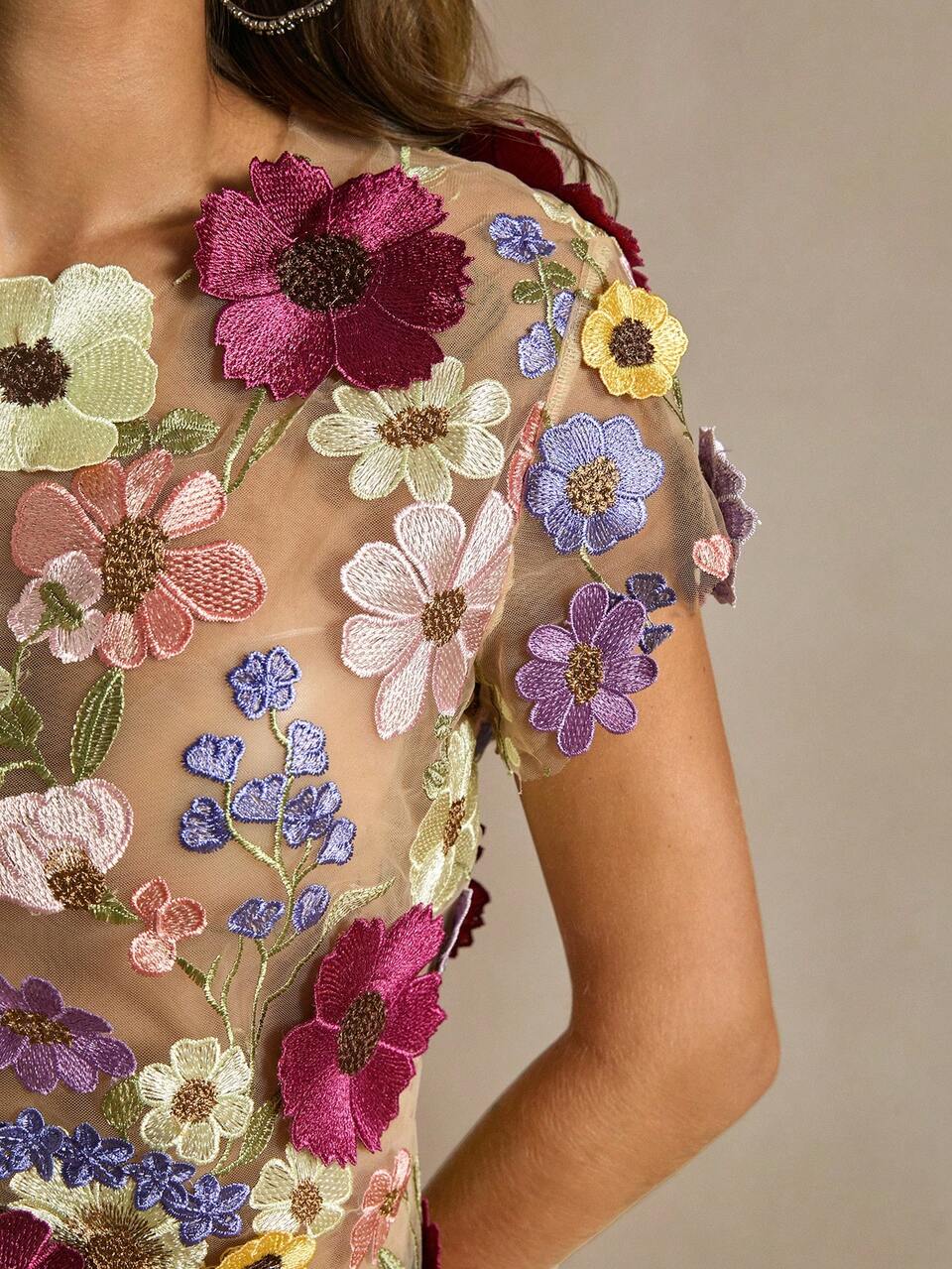 Romantic Textured Floral Embroidered Top With Multicolor Floral Applique