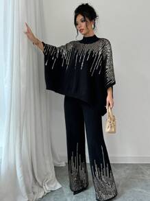 Selianne 女式亮片拼接蝙蝠袖毛衣和针织裤宽松套装，秋冬 - 黑色 - 查看 3