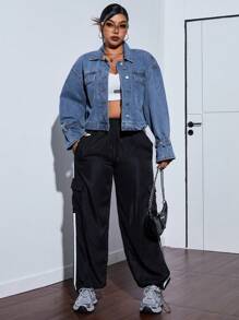 SHEIN ICON Áo khoác denim giản dị đơn giản tay dài cài nút phía trước cỡ lớn - Màu xanh lam - Xem 6