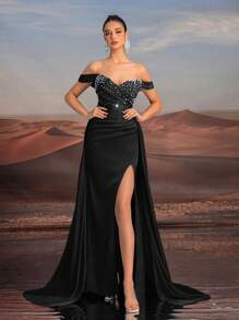 Glamrae Vestido de noche elegante y grácil con hombros descubiertos, escote princesa, silueta ajustada de sirena, con volante delantero, ribete con cuentas, espalda descubierta con abertura alta y tren desmontable, para ocasiones formales, bodas, fiestas. Vestido de noche negro para invitados de boda, graduación, cena.
