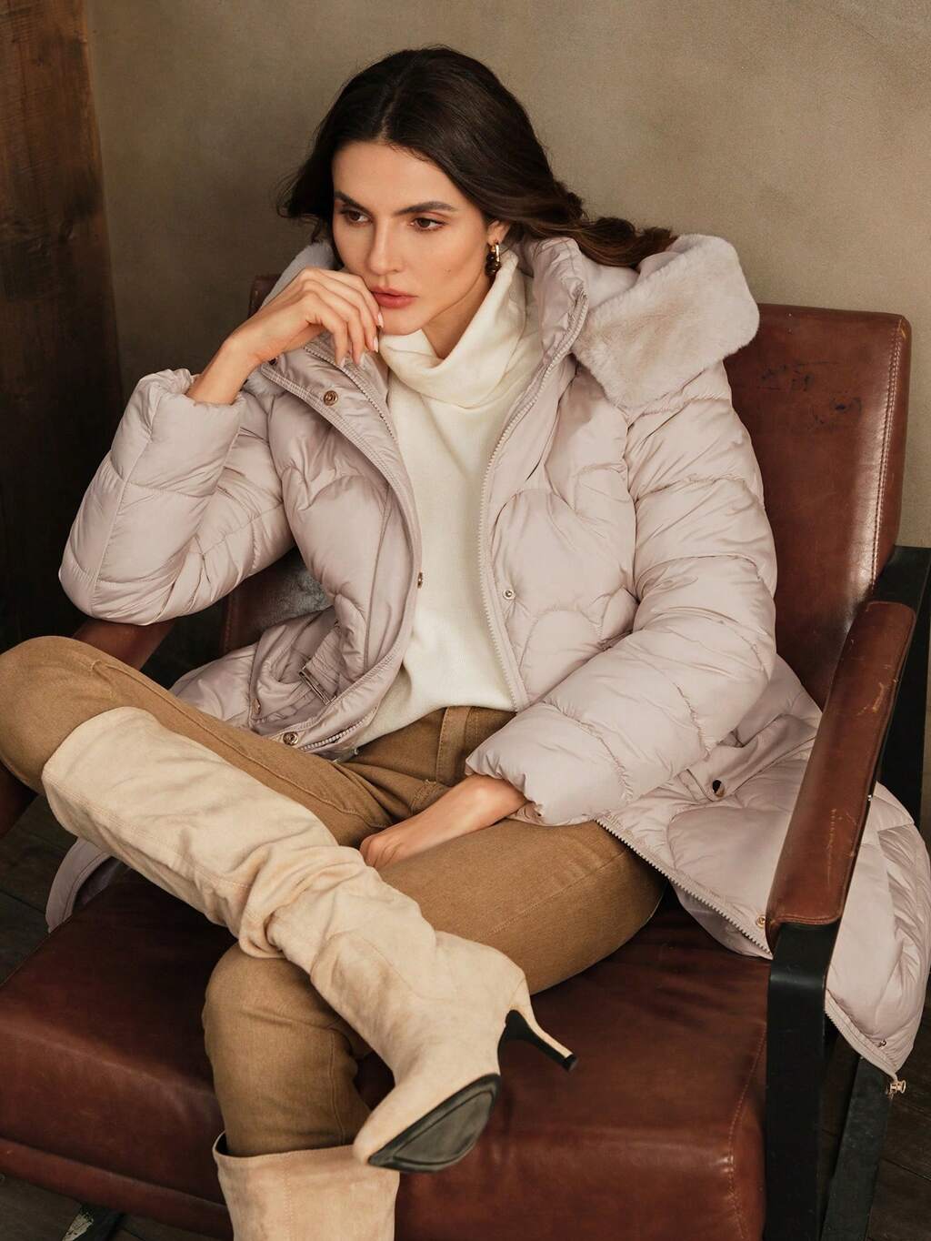 Abrigo largo acolchado y ajustado con cuello de piel de conejo, con capucha y cintura con cordón para mujer, para invierno