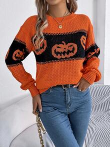 Autumn/Winter New Contrast Color Halloween Pumpkin Holiday Round Neck Pullover Sweater - Orange - View 6