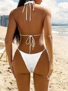 SHEIN Swim Women's Summer White Shell Fabric Metal Decor Tie-Side Bikini 3 Piece Set - White - View 3