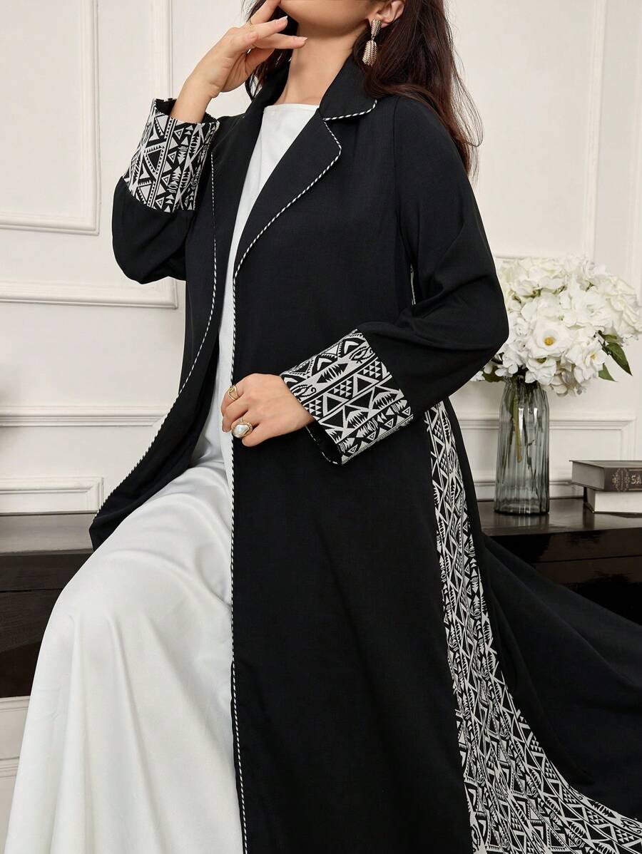 Al Najma 长袖拼色开衫，休闲日常穿着，优雅长款全长翻领长袍，朴素长袍，适合晚会/婚礼嘉宾/周年纪念/日常 - 黑色 - 查看 1