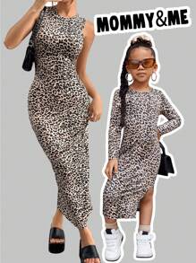 SHEIN NovaGlow Young Girl Knitted Leopard Pattern Casual Dress For Young Girl