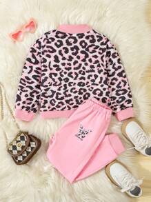 SHEIN 3 chiếc áo phông in họa tiết da báo và bướm cho bé gái và quần nỉ đan cùng áo khoác bomber tay dài trang phục thường ngày - Hồng - Xem 2
