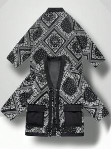 Manfinity Homme Men's Autumn/Winter All-Over Cashmere Flower Print Black Kimono Cardigan Jacket - Black - View 1